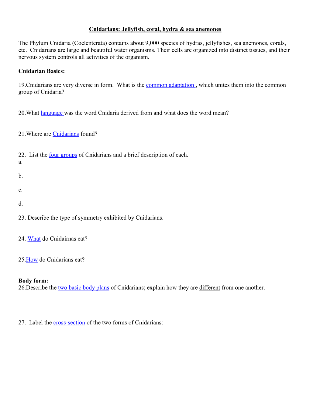 Sponges & Cnidarian Webquest Worksheet