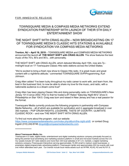 Townsquare Media & Compass Media Networks Extend Syndication Partnership with Launch of Their 5Th Daily Entertainment Show T