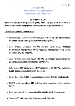 Talking Points YB Datuk Seri Ismail Sabri Yaakob Menteri Kanan Pertahanan