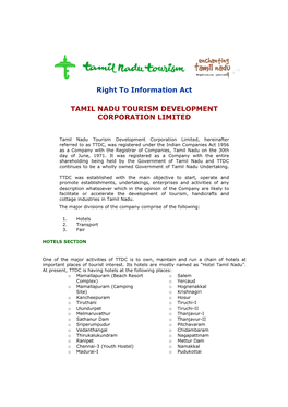 Right to Information Act TAMIL NADU TOURISM DEVELOPMENT CORPORATION LIMITED