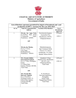 COASTAL AQUACULTURE AUTHORITY Ministry of Agriculture Government of India