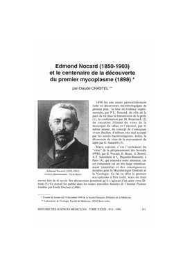 Edmond Nocard (1850-1903) Et Le Centenaire De La Découverte Du Premier Mycoplasme (1898) *