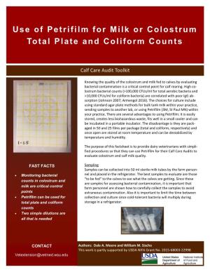 Use of Petrifilm for Milk Or Colostrum Total Plate and Coliform Counts