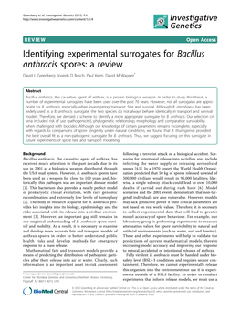 Identifying Experimental Surrogates for Bacillus Anthracis Spores: a Review David L Greenberg, Joseph D Busch, Paul Keim, David M Wagner*
