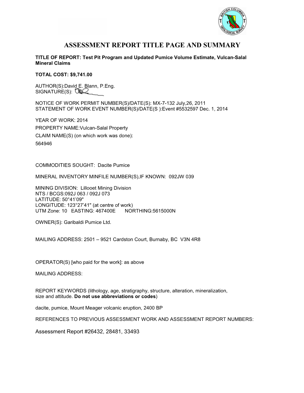 Assessment Report Title Page and Summary