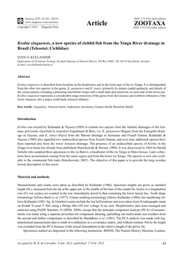 Krobia Xinguensis, a New Species of Cichlid Fish from the Xingu River Drainage in Brazil (Teleostei: Cichlidae)