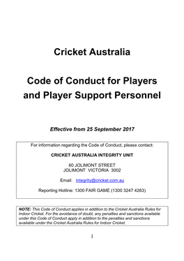 Cricket Australia Code of Conduct for Players and Player Support