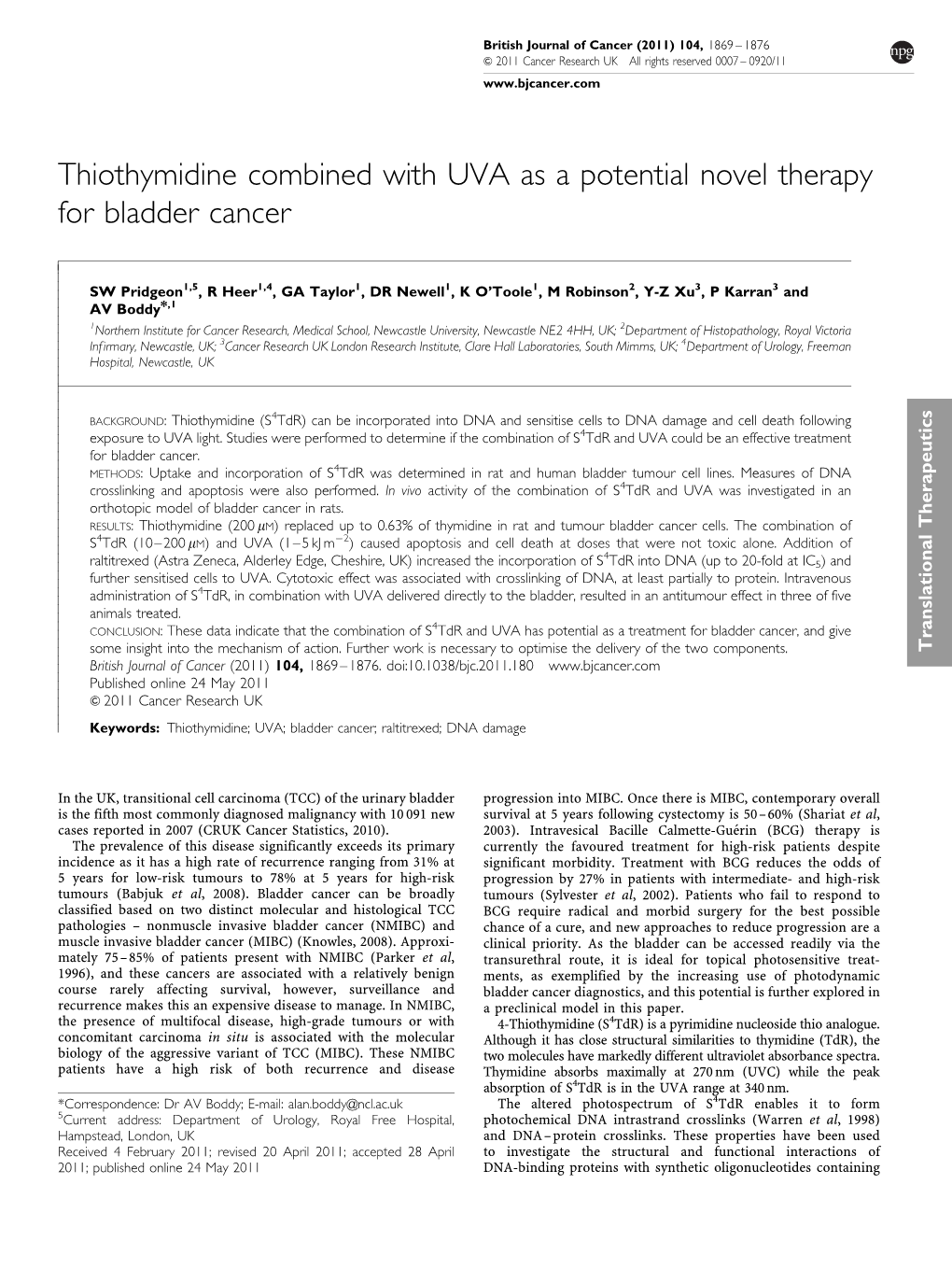 Thiothymidine Combined with UVA As a Potential Novel Therapy for Bladder Cancer