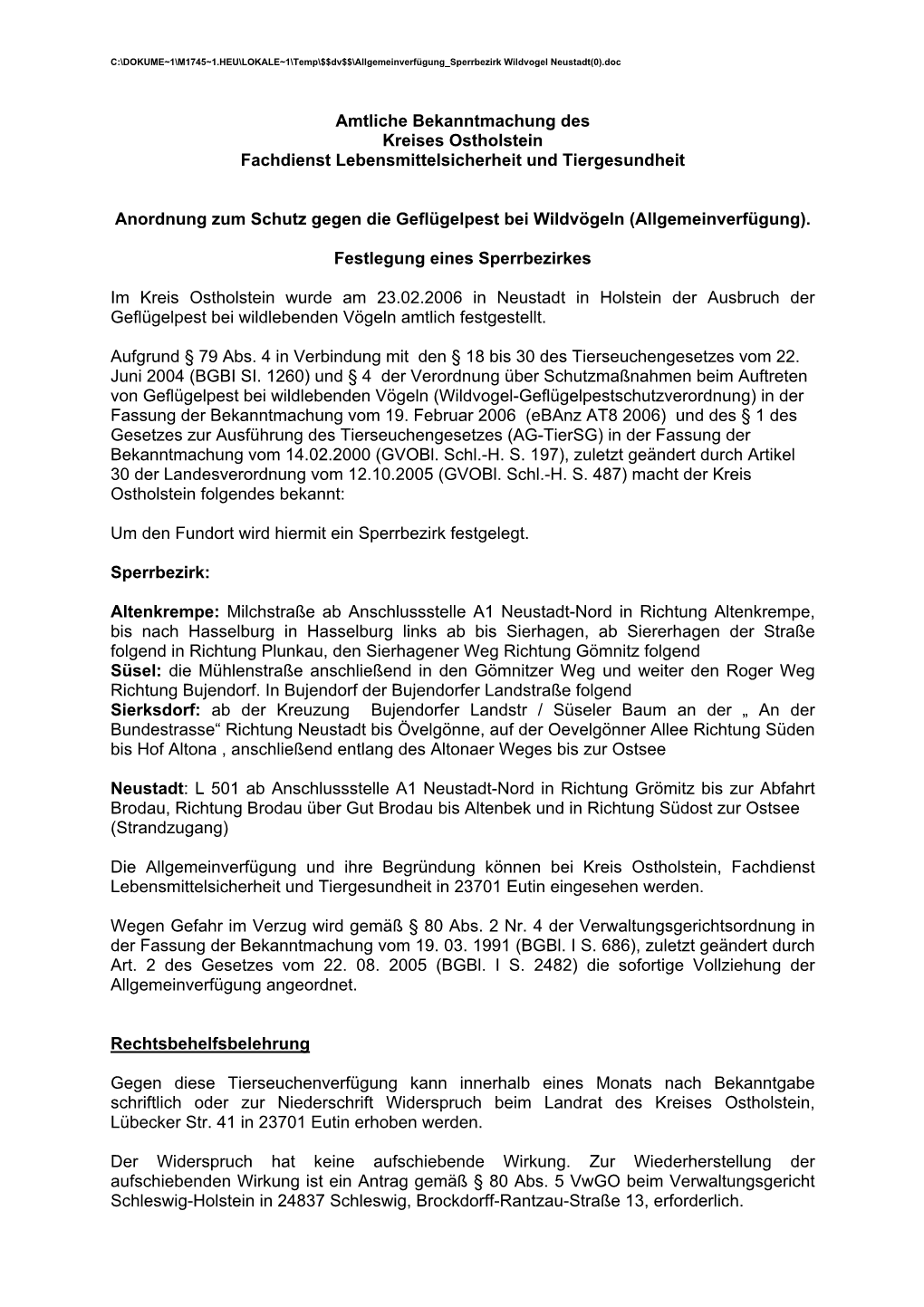 Amtliche Bekanntmachung Des Kreises Ostholstein Fachdienst Lebensmittelsicherheit Und Tiergesundheit Anordnung Zum Schutz Gegen