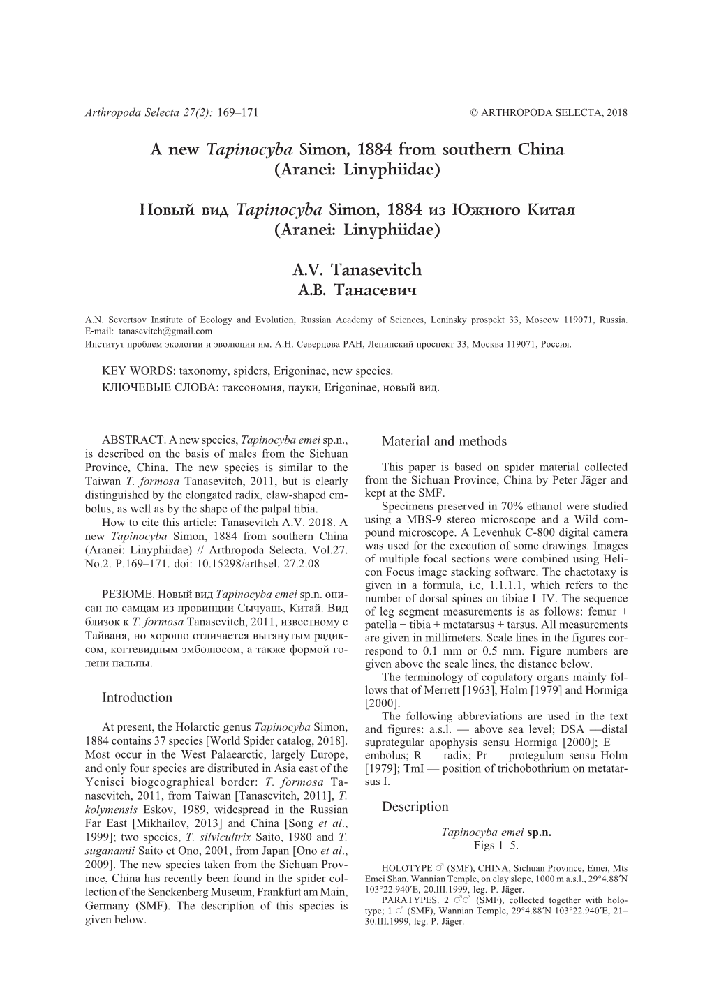 A New Tapinocyba Simon, 1884 from Southern China (Aranei: Linyphiidae)