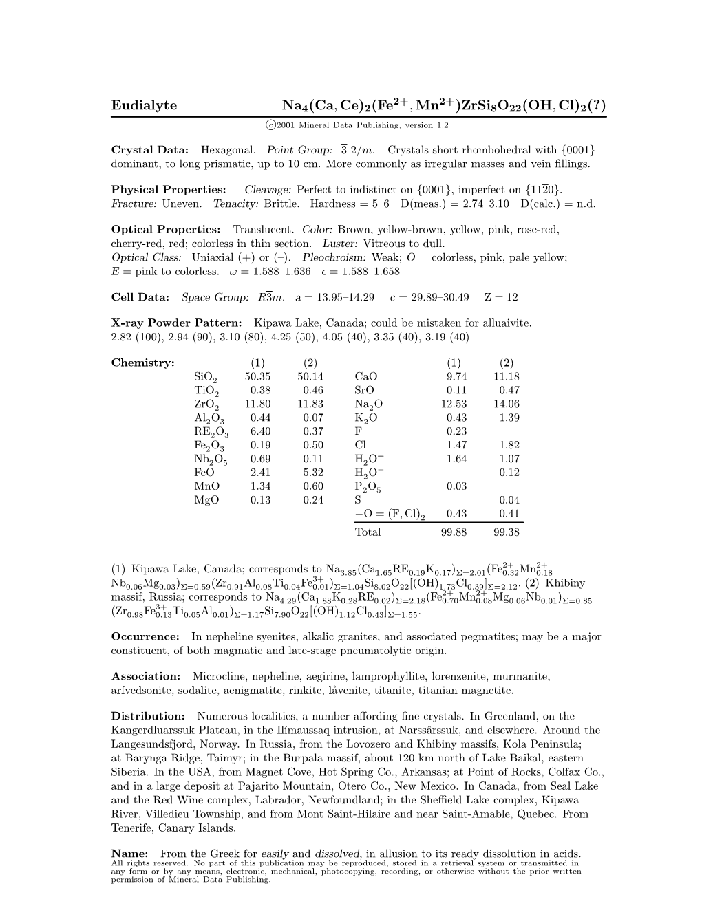 Eudialyte Na4(Ca; Ce)2(Fe ; Mn )Zrsi8o22(OH; Cl)2(?) C 2001 Mineral Data Publishing, Version 1.2 ° Crystal Data: Hexagonal