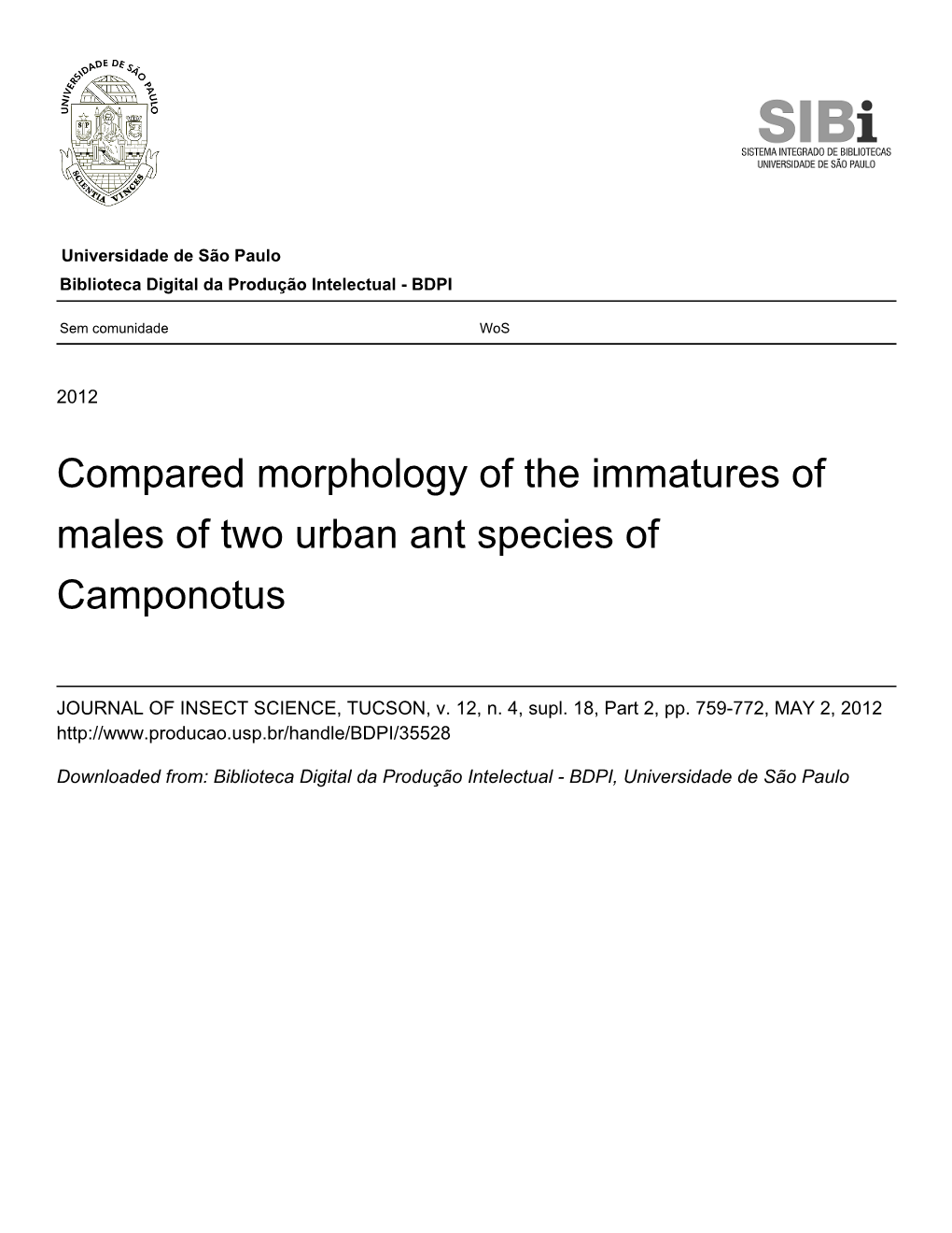 Compared Morphology of the Immatures of Males of Two Urban Ant Species of Camponotus