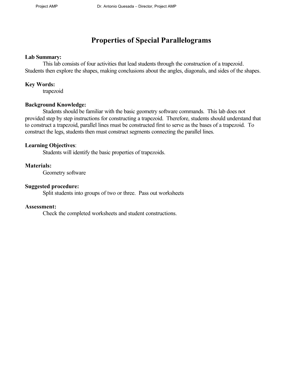 Properties of Special Parallelograms