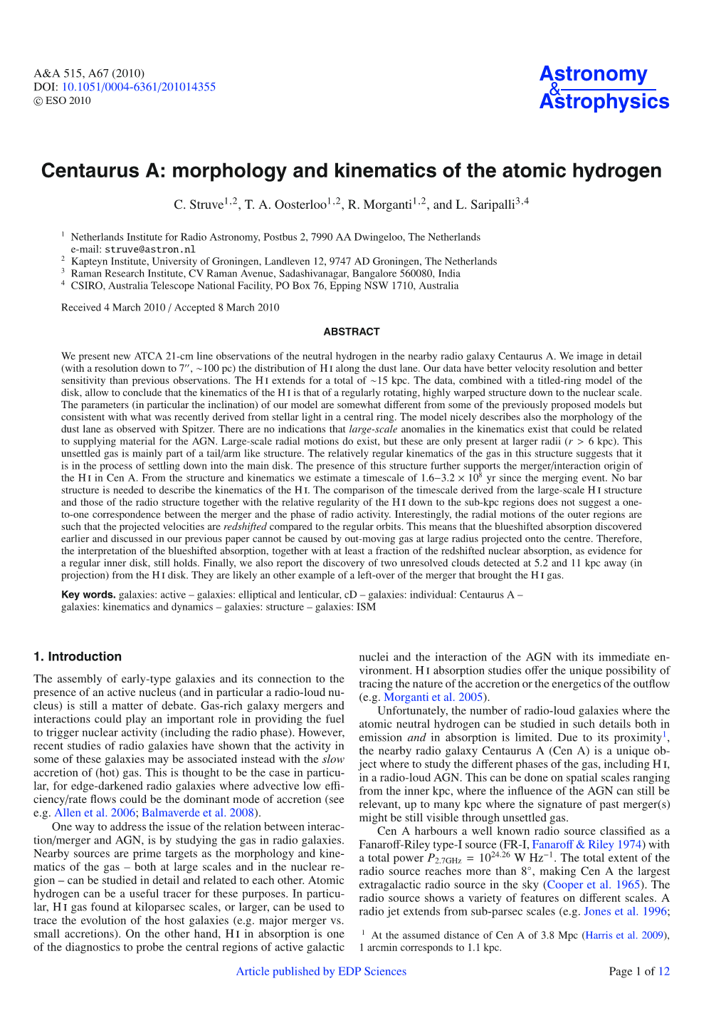 Centaurus A: Morphology and Kinematics of the Atomic Hydrogen