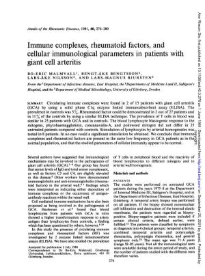 Immune Complexes, Rheumatoid Factors, and Cellular Immunological Parameters in Patients with Giant Cell Arteritis