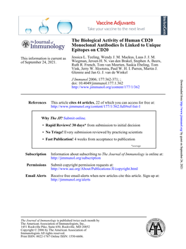 Epitopes on CD20 Monoclonal Antibodies Is Linked to Unique the Biological Activity of Human CD20