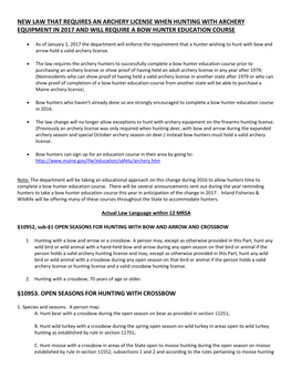 New Law That Requires an Archery License When Hunting with Archery Equipment in 2017 and Will Require a Bow Hunter Education Course