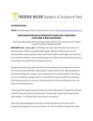 Frederik Meijer Gardens & Sculpture Park Announces George Segal Exhibition