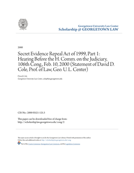 Secret Evidence Repeal Act of 1999, Part 1: Hearing Before the H
