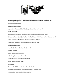 Pittsburgh Magazine's Whiskey & Fine Spirits Festival Product List