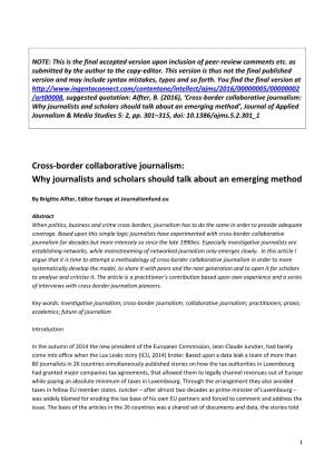 Cross-Border Collaborative Journalism: Why Journalists and Scholars Should Talk About an Emerging Method’, Journal of Applied Journalism & Media Studies 5: 2, Pp