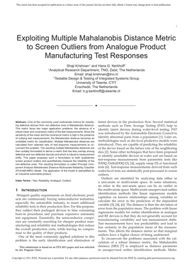 Exploiting Multiple Mahalanobis Distance Metric to Screen Outliers from Analogue Product Manufacturing Test Responses