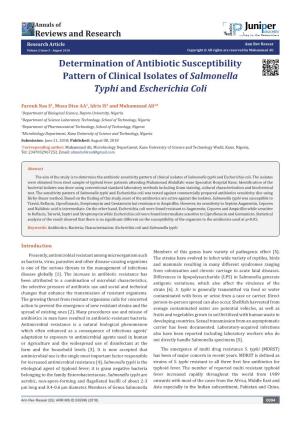 Determination of Antibiotic Susceptibility Pattern of Clinical Isolates of Salmonella Typhi and Escherichia Coli