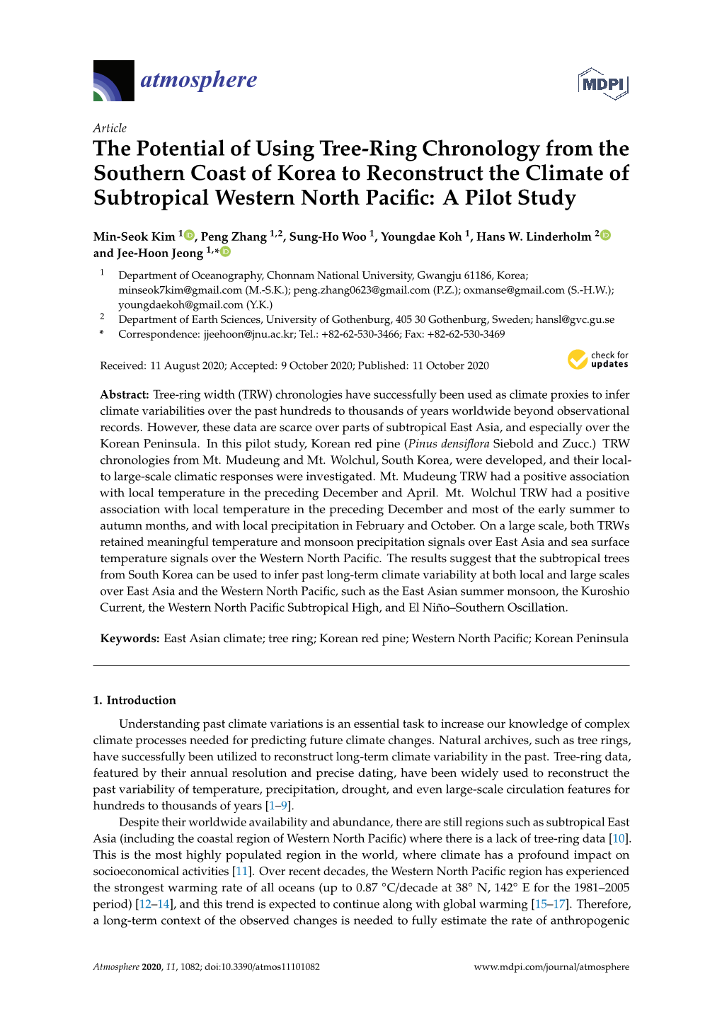 The Potential of Using Tree-Ring Chronology from the Southern Coast of Korea to Reconstruct the Climate of Subtropical Western North Paciﬁc: a Pilot Study