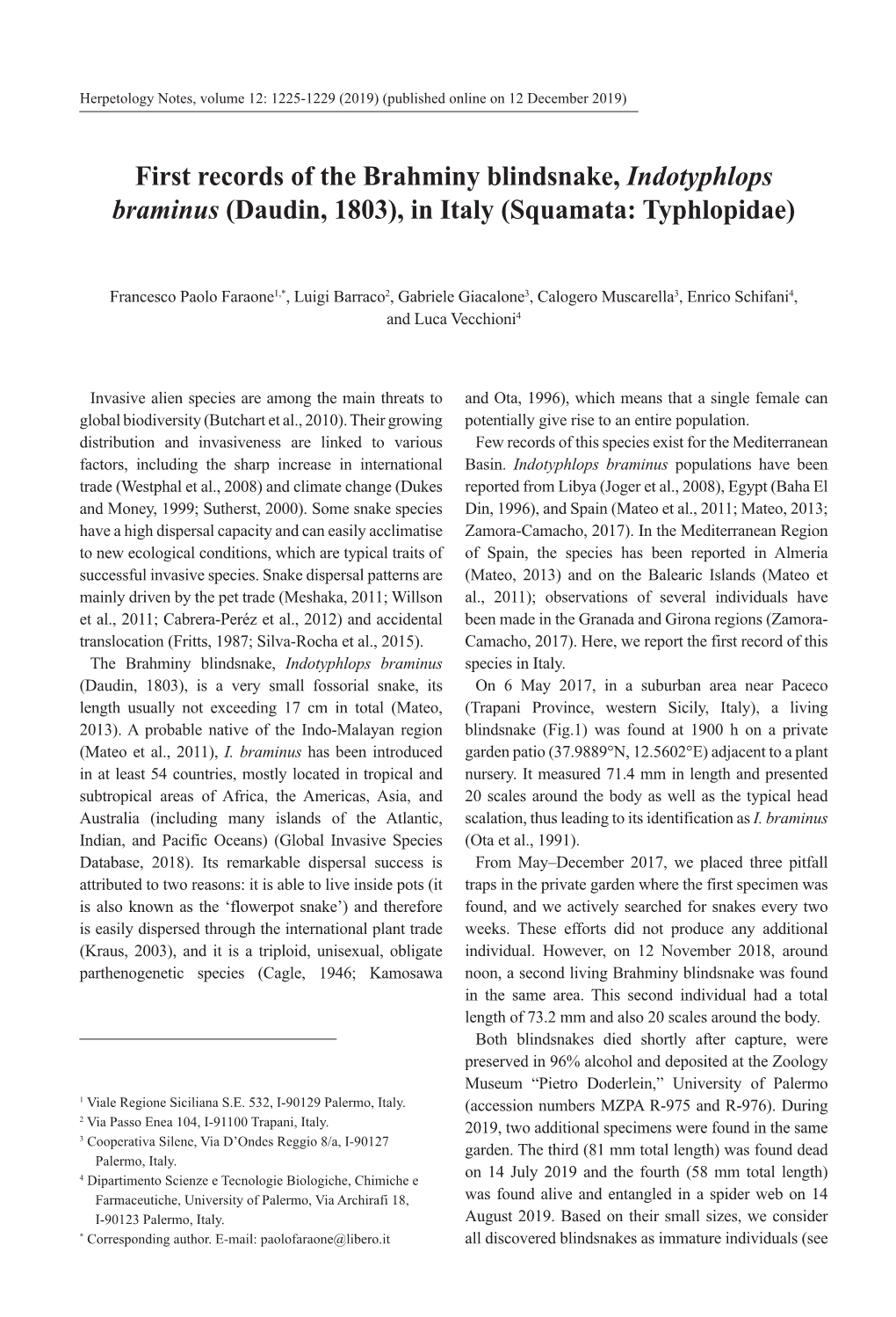 First Records of the Brahminy Blindsnake, Indotyphlops Braminus (Daudin, 1803), in Italy (Squamata: Typhlopidae)