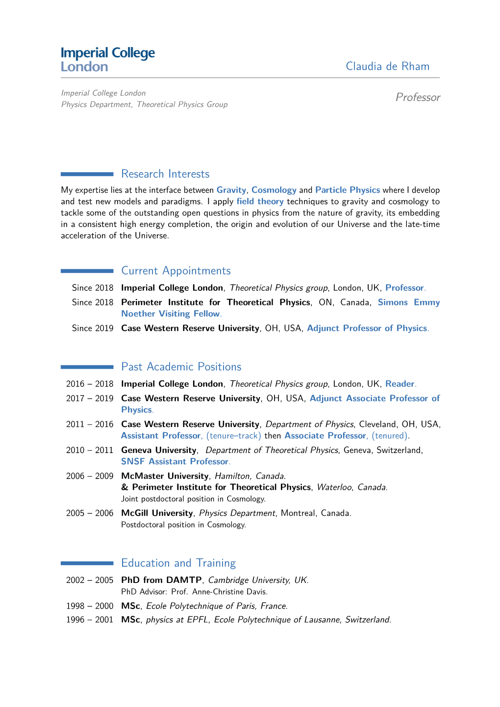 Color1claudia De Rham – Professor [-20Pt] Imperial College London Physics Department, Theoretical Physics Group