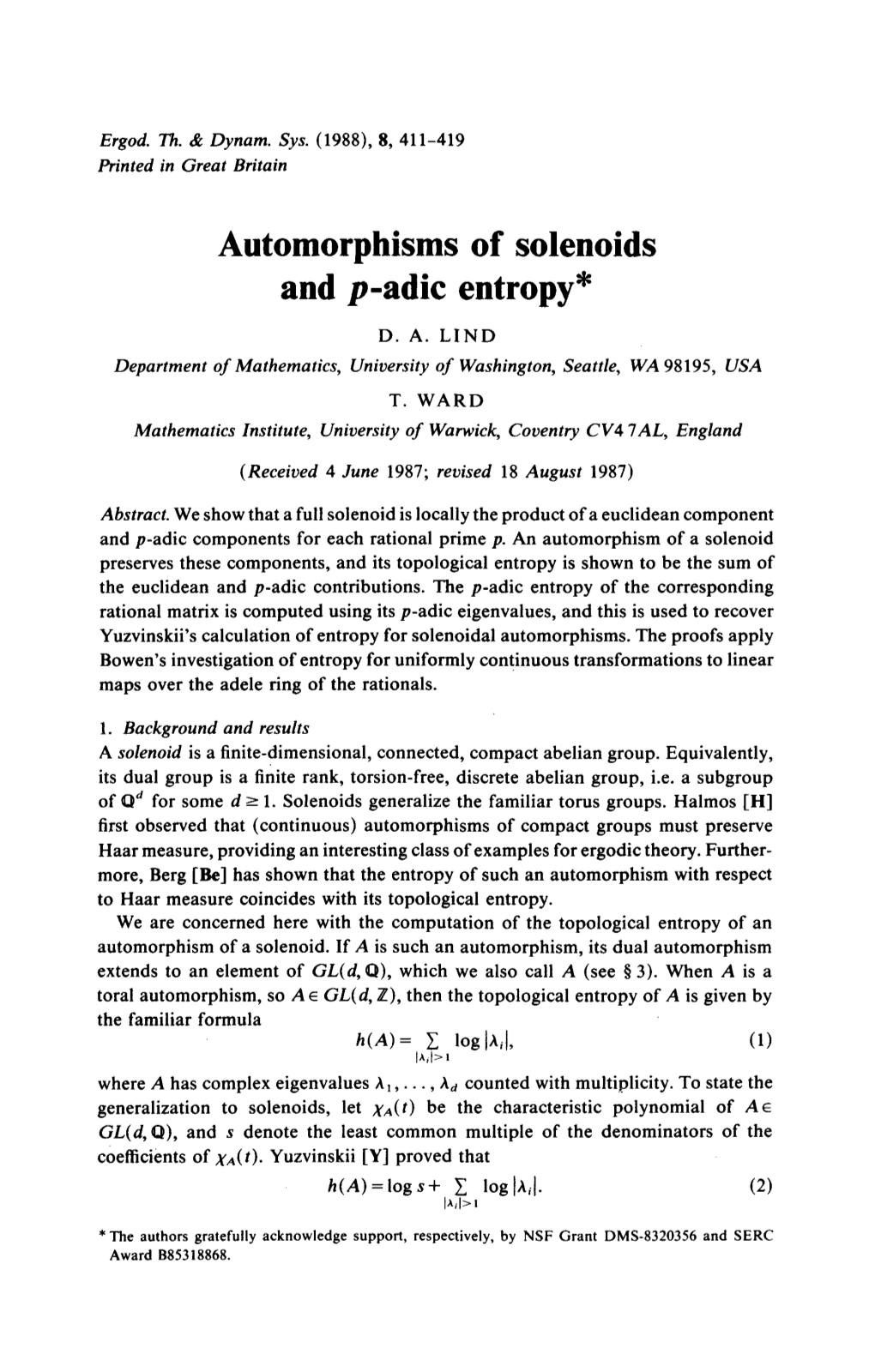 Automorphisms of Solenoids and P-Adic Entropy* D