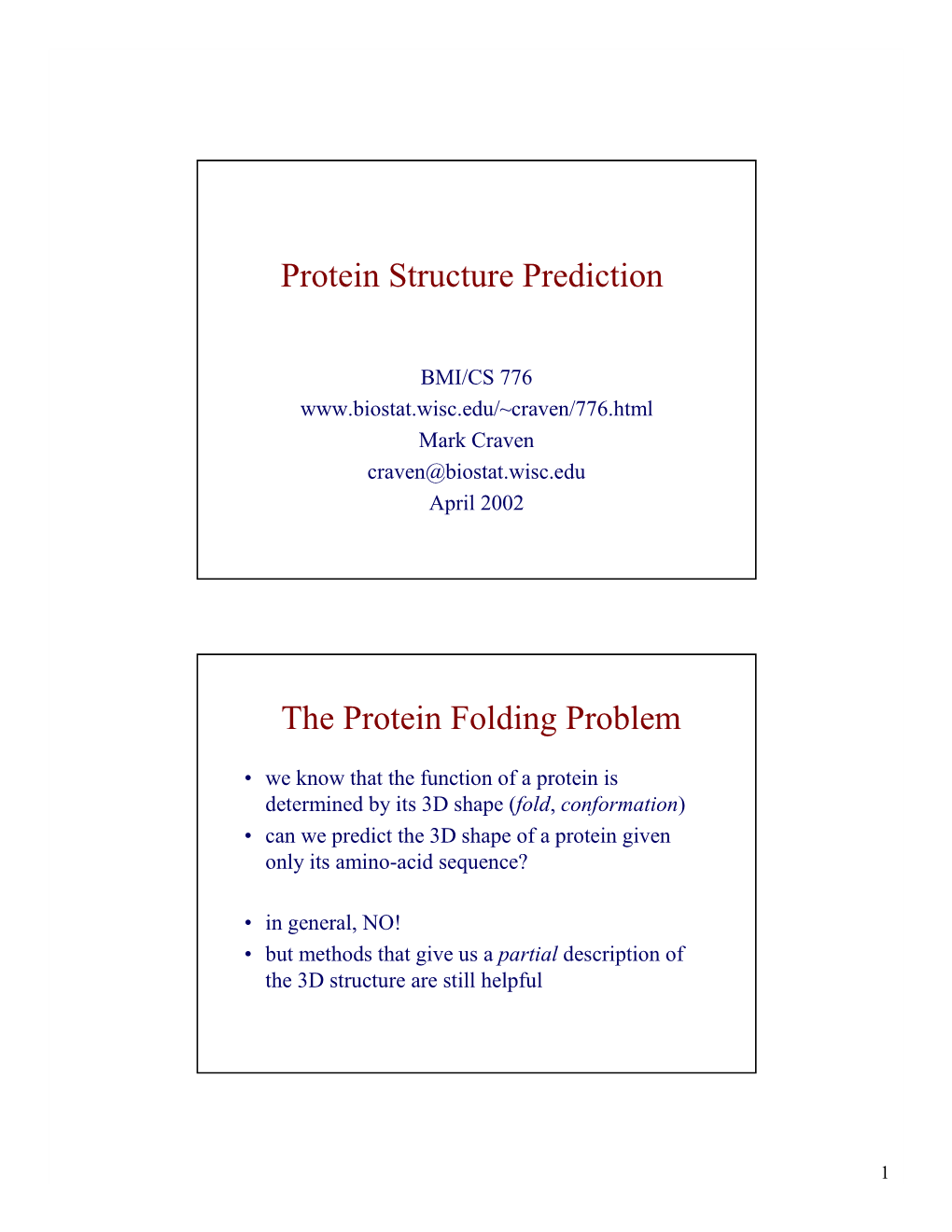 Protein Structure Prediction the Protein Folding Problem