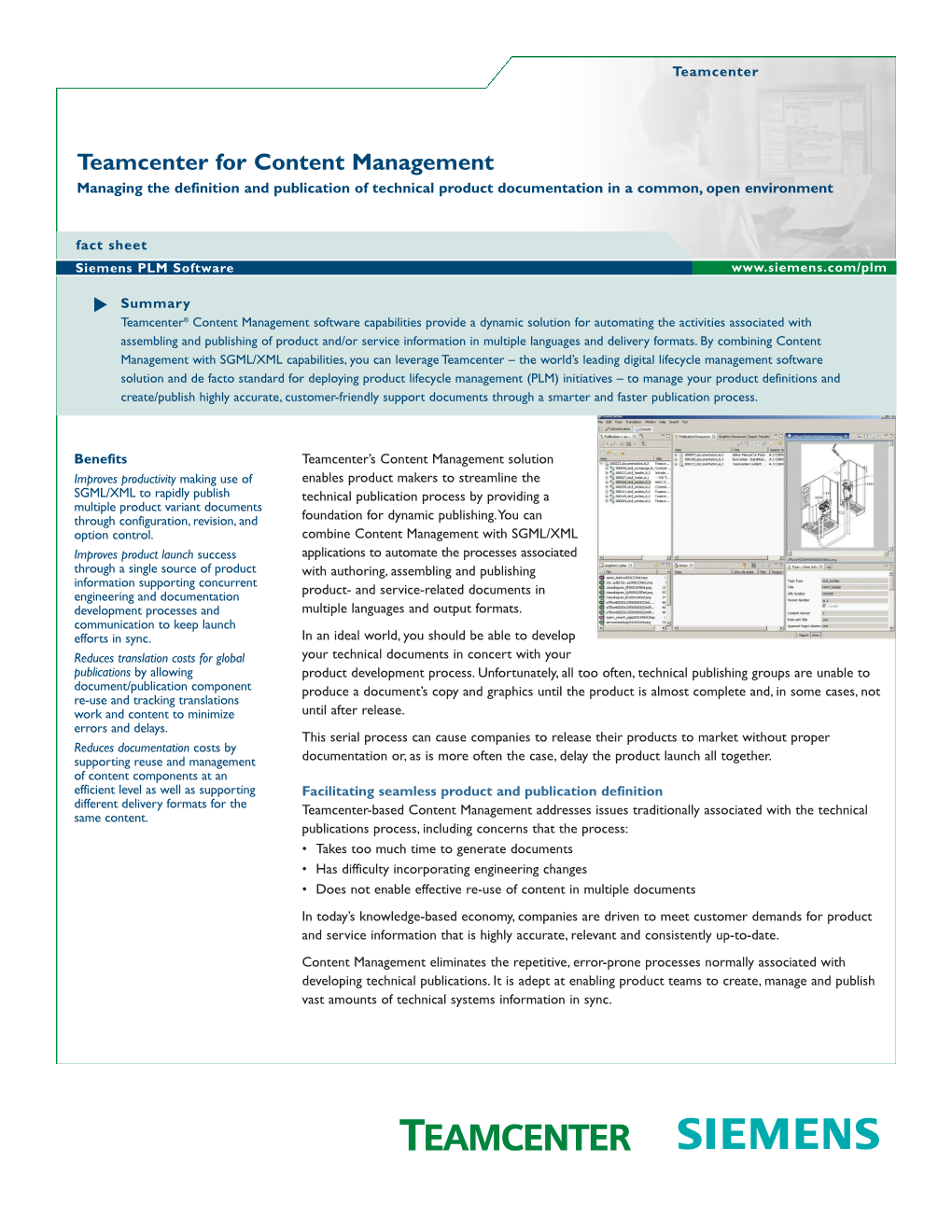 Teamcenter for Content Management Managing the Definition and Publication of Technical Product Documentation in a Common, Open Environment