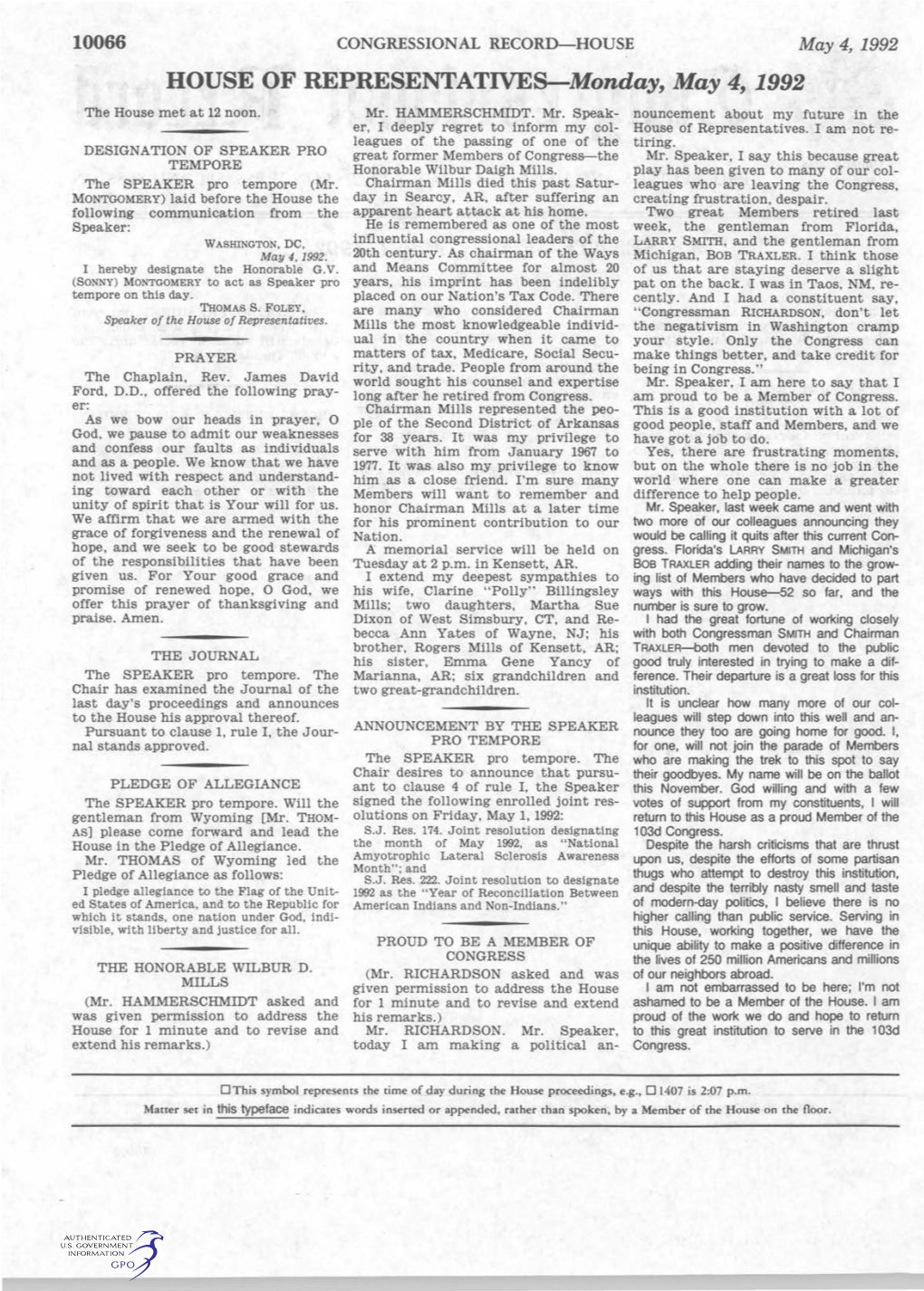 HOUSE of REPRESENTATIVES-Monday, May 4, 1992 the House Met at 12 Noon