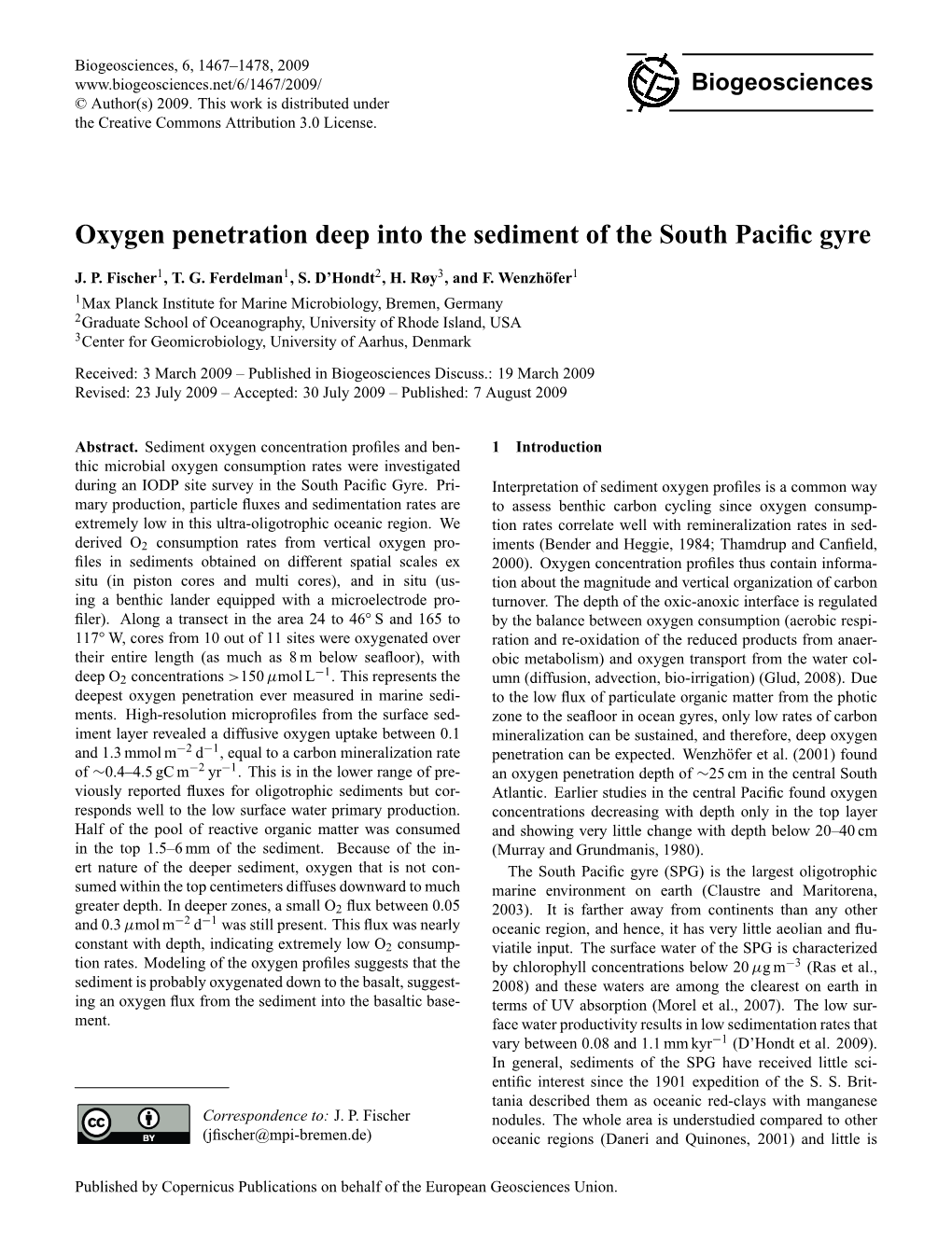 Oxygen Penetration Deep Into the Sediment of the South Paciﬁc Gyre