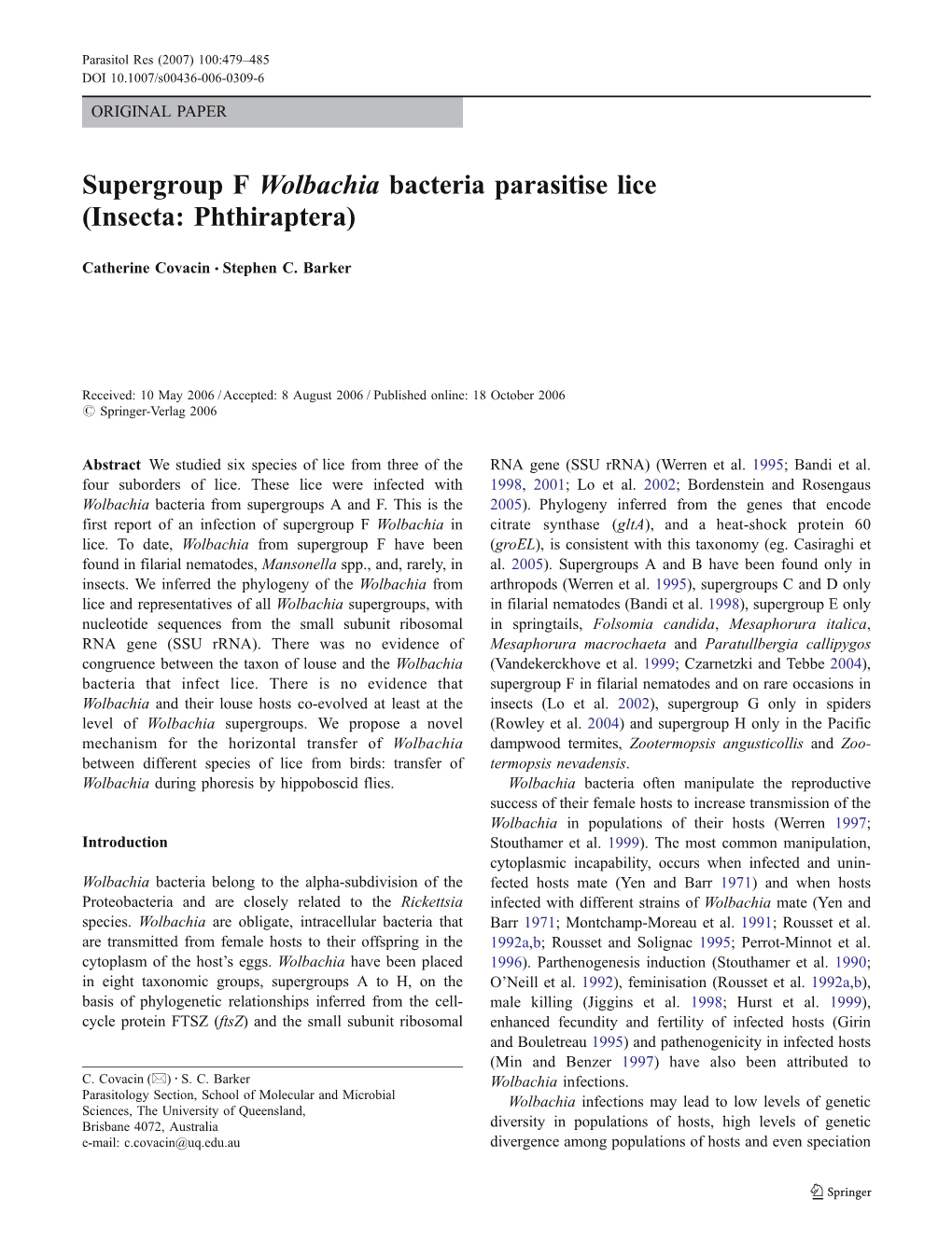 Supergroup F Wolbachia Bacteria Parasitise Lice (Insecta: Phthiraptera)