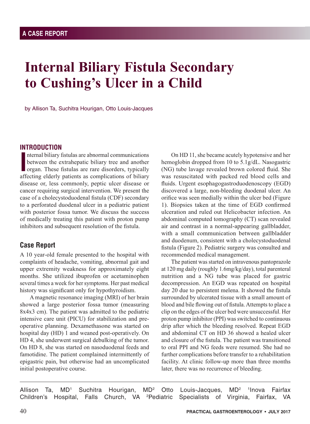 Internal Biliary Fistula Secondary to Cushing's Ulcer in a Child