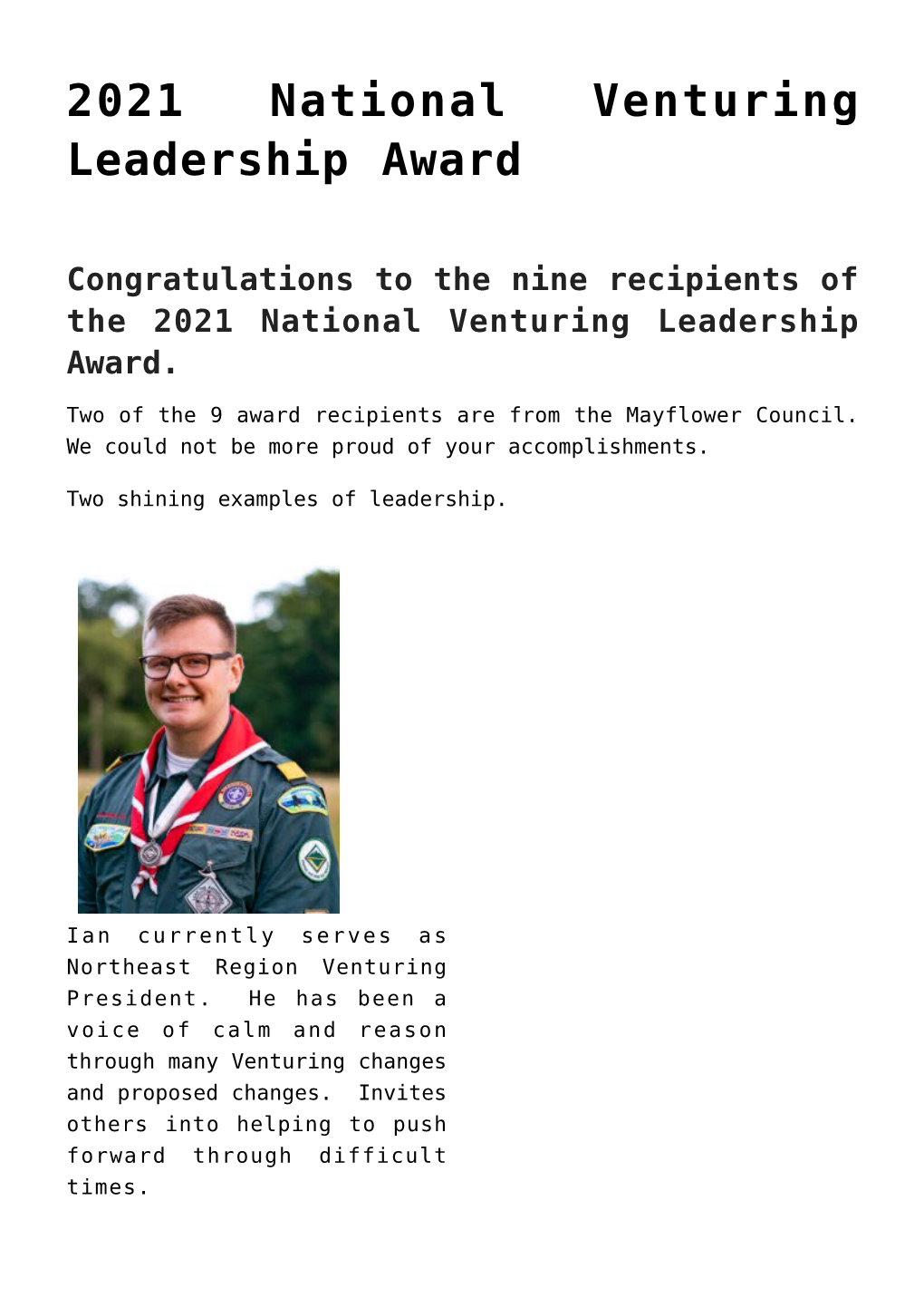 2021 National Venturing Leadership Award,Update