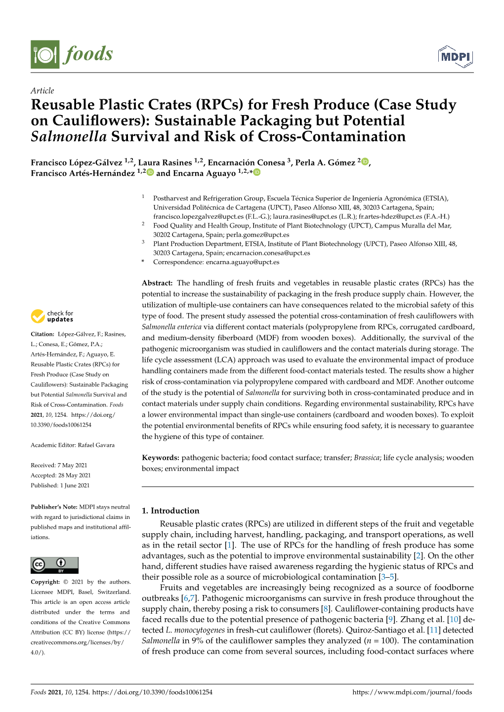 Reusable Plastic Crates (Rpcs) for Fresh Produce (Case Study on Cauliﬂowers): Sustainable Packaging but Potential Salmonella Survival and Risk of Cross-Contamination