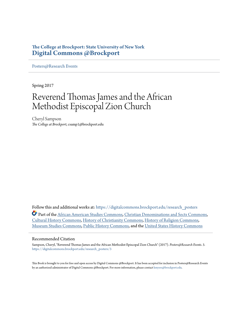 Reverend Thomas James and the African Methodist Episcopal Zion Church Cheryl Sampson the College at Brockport, Csamp1@Brockport.Edu