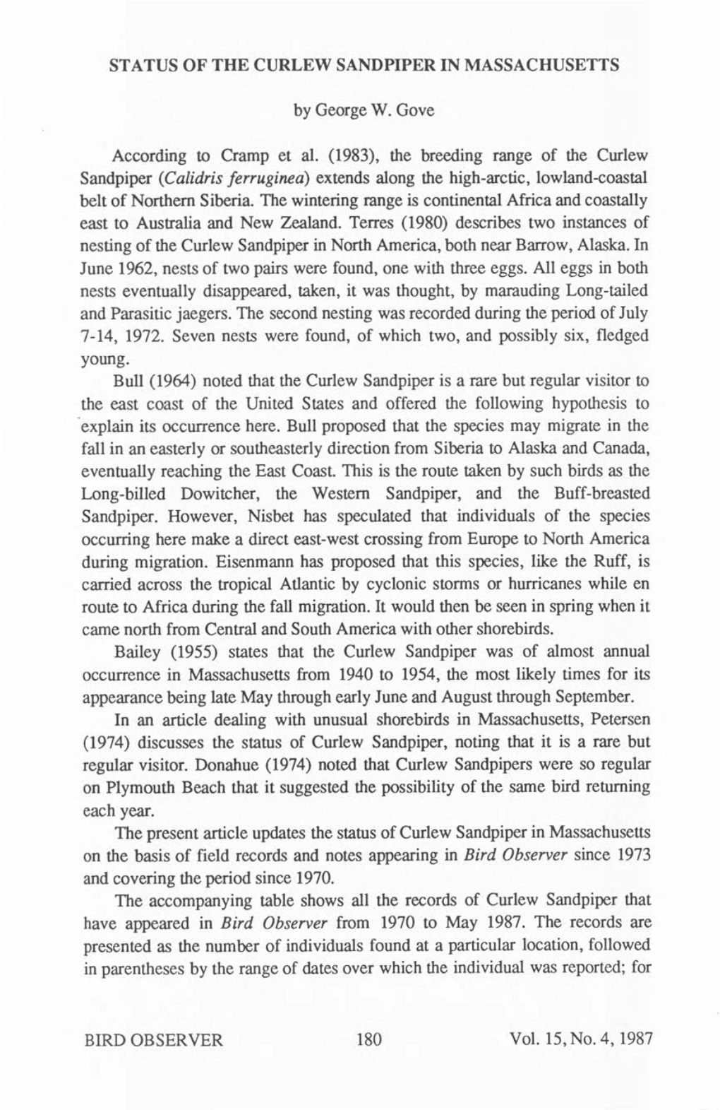 Birdobserver15.4 Page180-184 Status of the Curlew Sandpiper in Massachusetts George W. Gove.Pdf