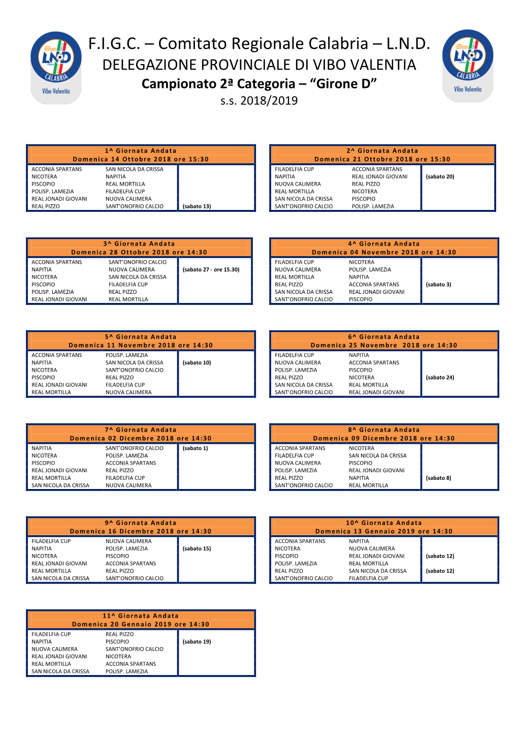 F.I.G.C. – Comitato Regionale Calabria – L.N.D. DELEGAZIONE PROVINCIALE DI VIBO VALENTIA Campionato 2ª Categoria – “Girone D” S.S