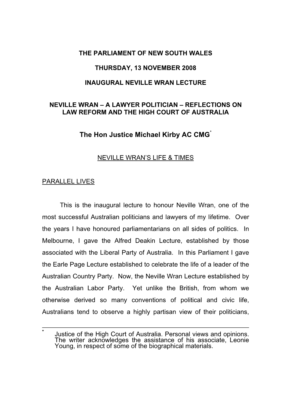 Neville Wran – a Lawyer Politician – Reflections on Law Reform and the High Court of Australia