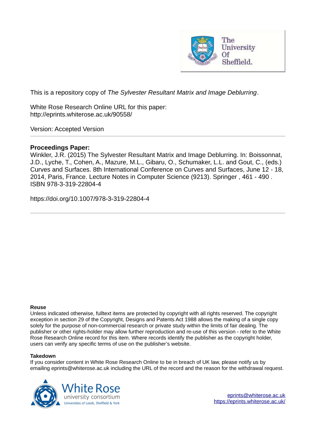 The Sylvester Resultant Matrix and Image Deblurring