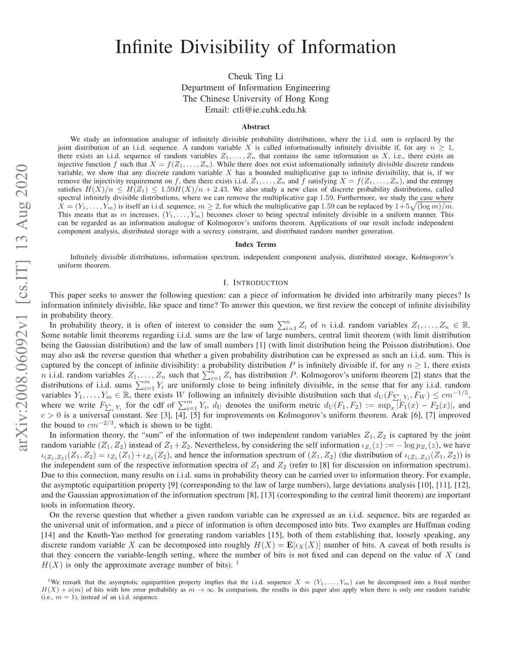 Infinite Divisibility of Information