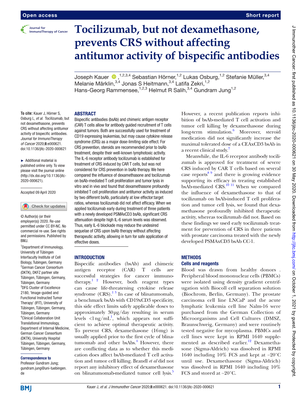 Tocilizumab, but Not Dexamethasone, Prevents CRS Without Affecting