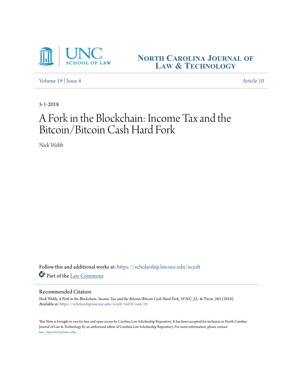 Income Tax and the Bitcoin/Bitcoin Cash Hard Fork Nick Webb