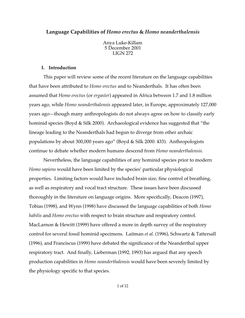 Language Capabilities of Homo Erectus & Homo Neanderthalensis