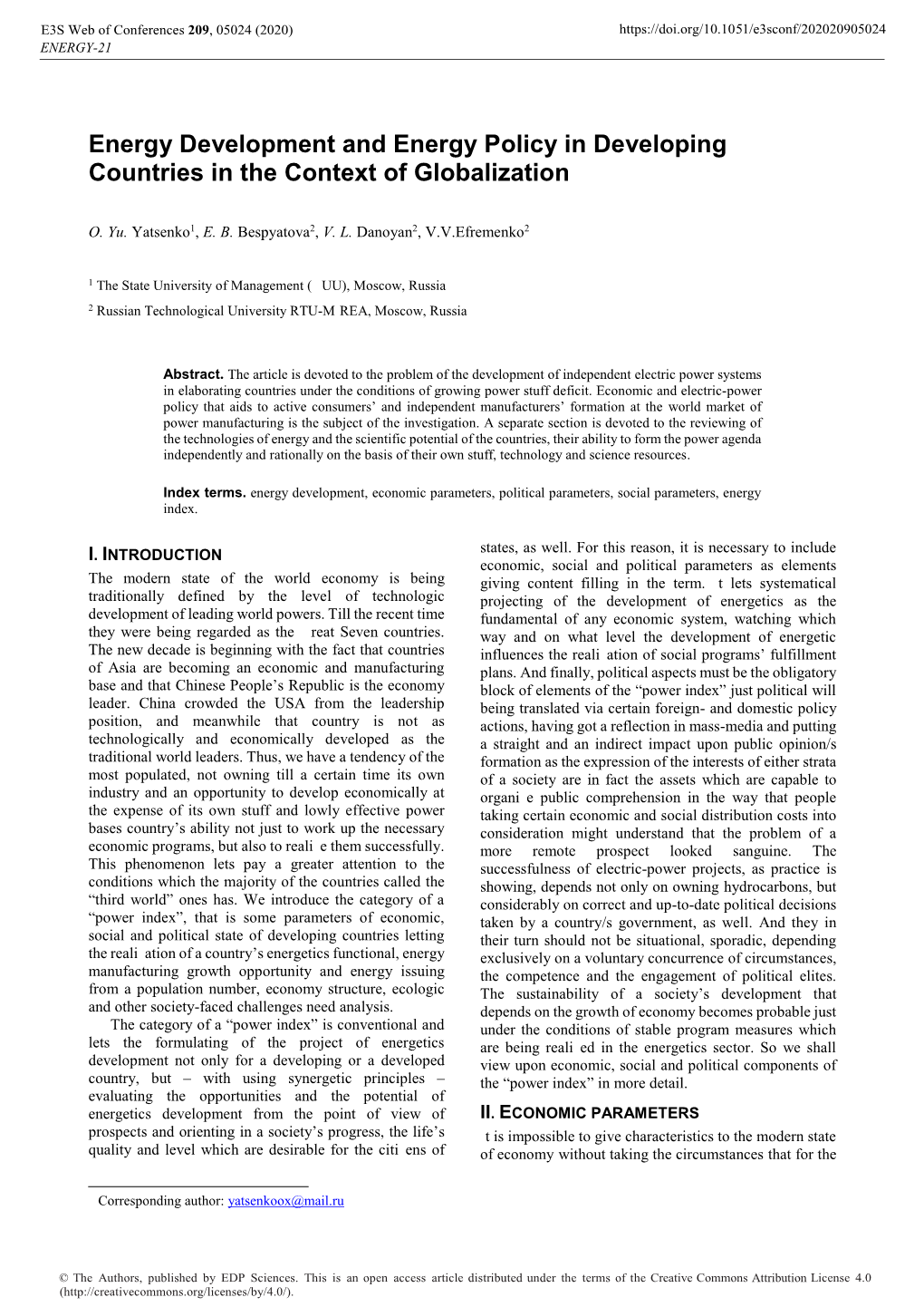 Energy Development and Energy Policy in Developing Countries in the Context of Globalization