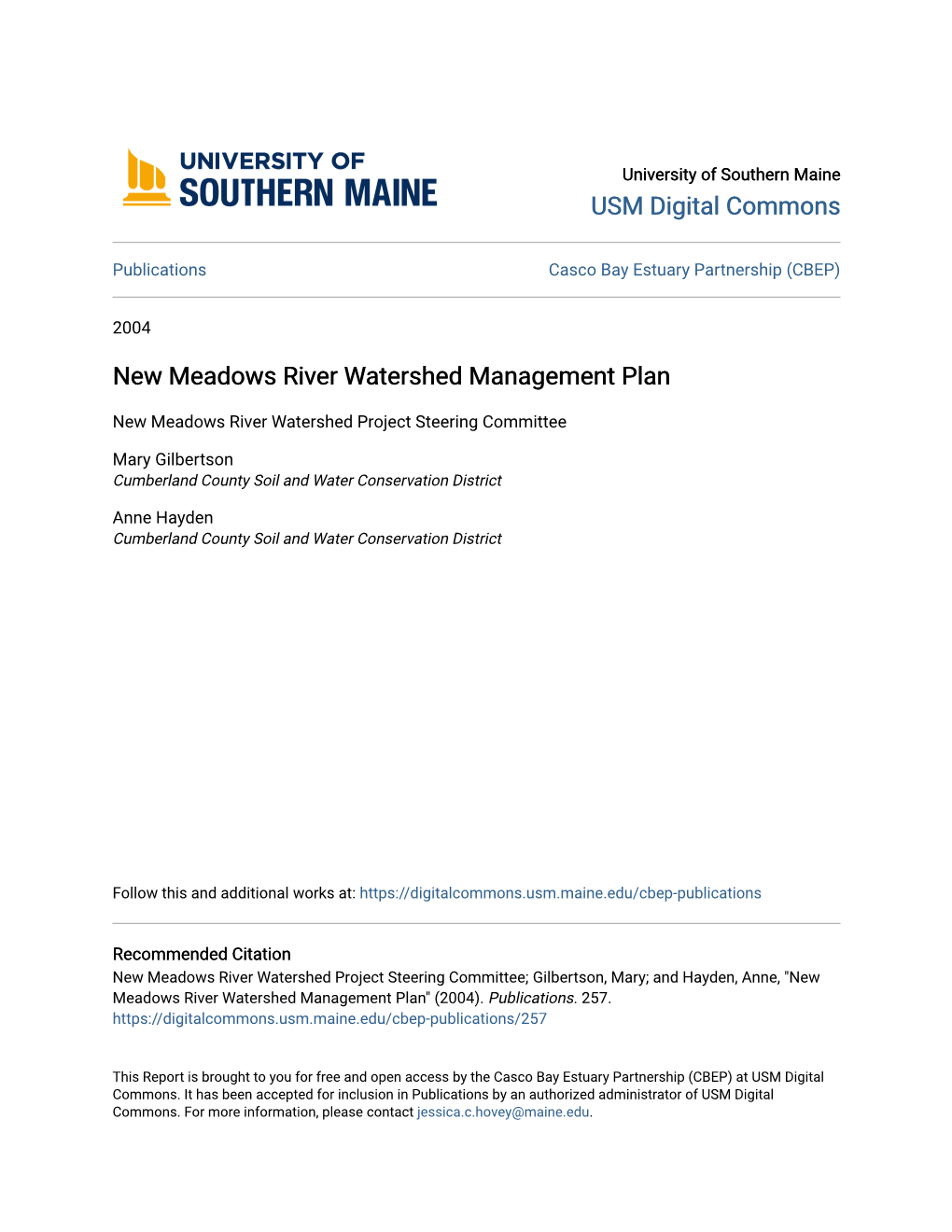 New Meadows River Watershed Management Plan
